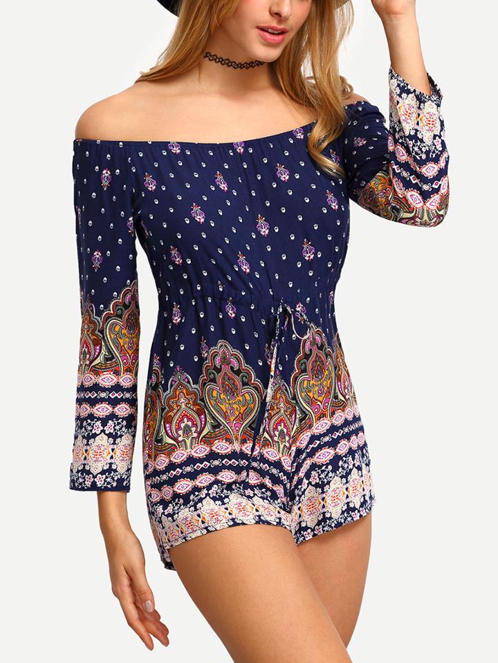 Shein Off-the-shoulder Paisley Print Drawstring Wasist Romper