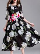 Shein Black Bowtie Pleated Beading Applique Pouf Print Dress