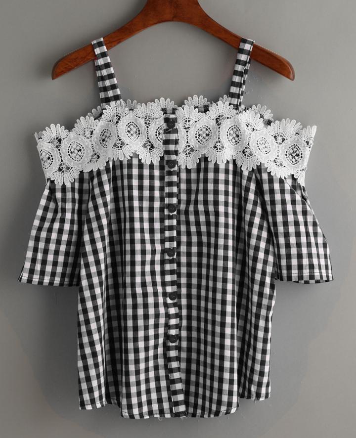 Shein Black Checkerboard Lace Cold Shoulder Blouse