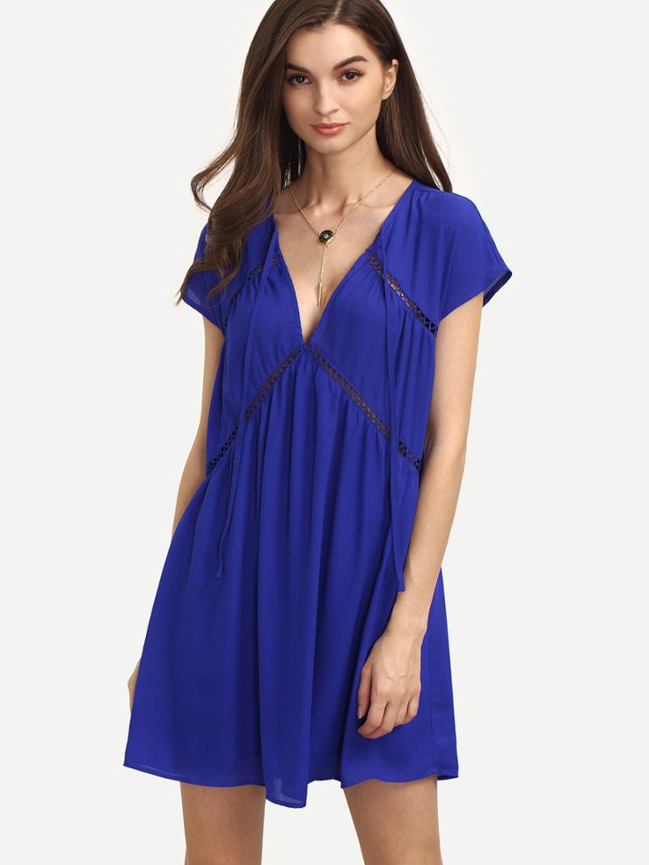 Shein Royal Blue Hollow V Neck Cap Sleeve Dress
