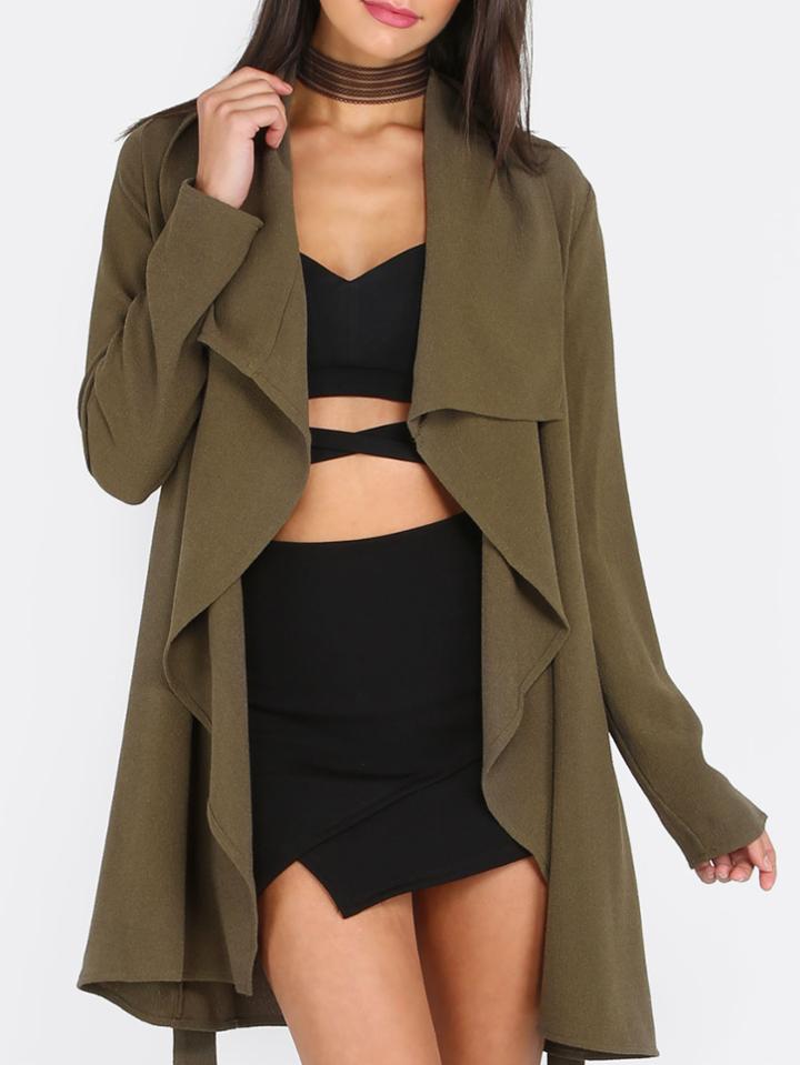 Shein Army Green Lapel Tie Long Sleeve Outerwear