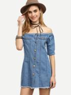 Shein Blue Off The Shoulder Buttoned Denim Dress