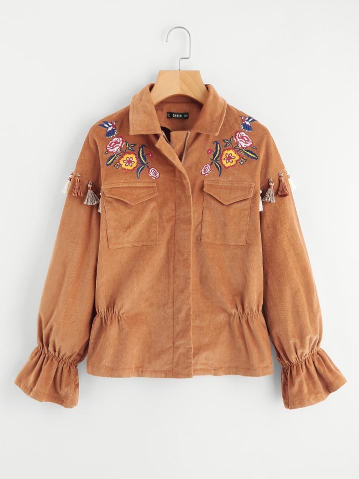 Shein Tassel Trim Ruffle Cuff And Hem Jacket
