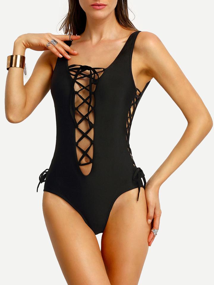 Shein Plunge Neck Lace-up One-piece Swimwear