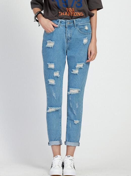 Shein Blue Pockets Ripped Denim Loose Pant