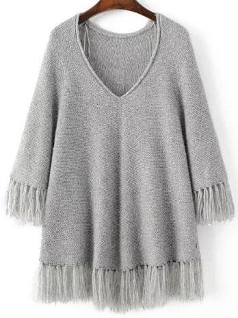 Shein Grey V Neck Fringe Trim Oversized Sweater