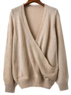 Shein Khaki Ribbed Trim V Neck Wrap Sweater