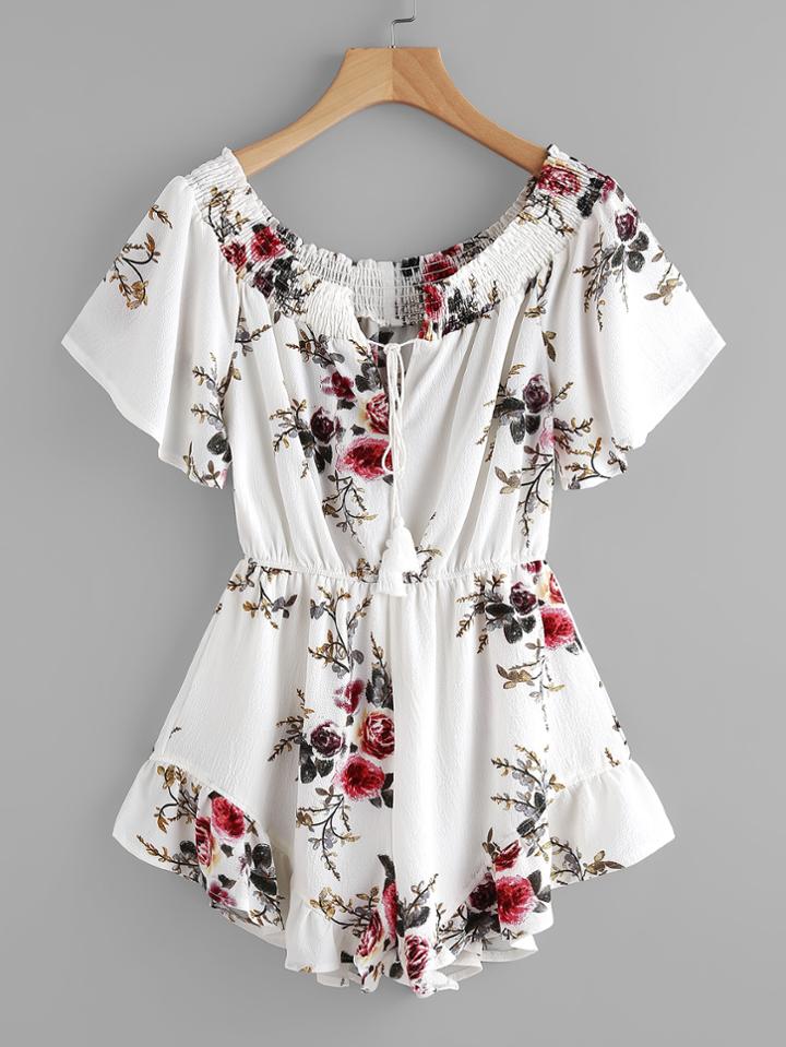Shein Boat Neckline Tassel Tie Ruffle Playsuit