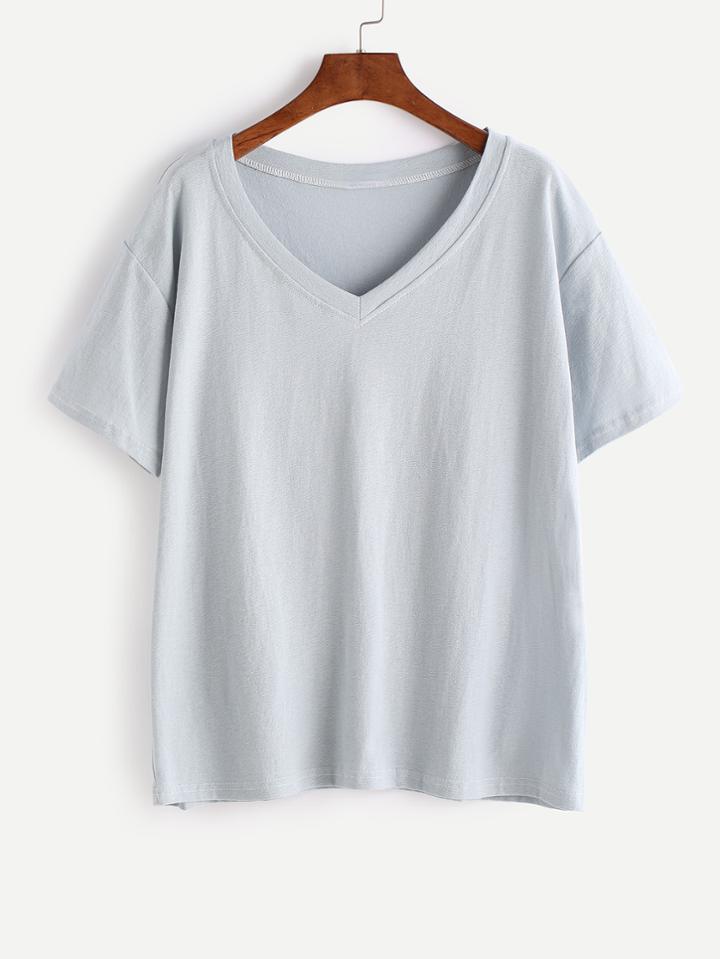 Shein Light Blue V Neck Basic T-shirt