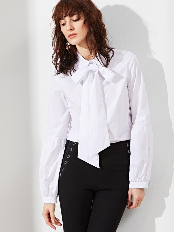 Shein White Tie Neck Lantern Sleeve Blouse