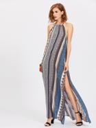 Shein Backless Slit Side Ornate Print Halter Dress