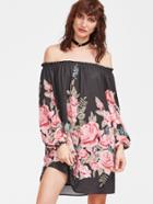 Shein Black Flower Print Off The Shoulder Lantern Sleeve Dress