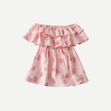 Shein Girls Ruffle Trim Peach Print Off Shoulder Dress
