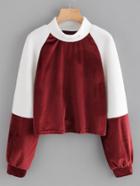 Shein Letter Embroidered High Neck Velvet Panel Sweatshirt