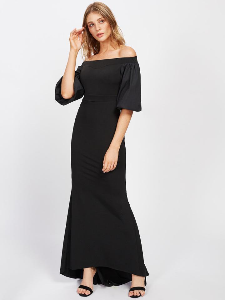 Shein Lantern Sleeve Dip Hem Fishtail Bardot Dress