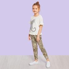 Shein Girls Ruffle Animal Print Tee & Leopard Print Pants Set