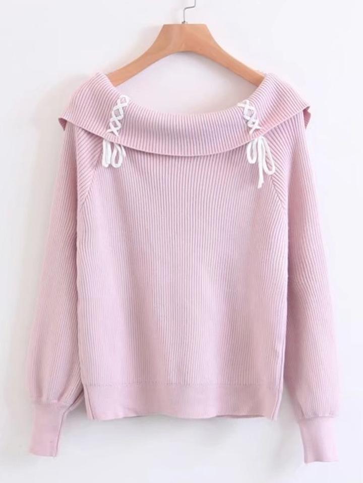 Shein Fold Over Lace Up Detail Raglan Sleeve Ribbed Knitwear