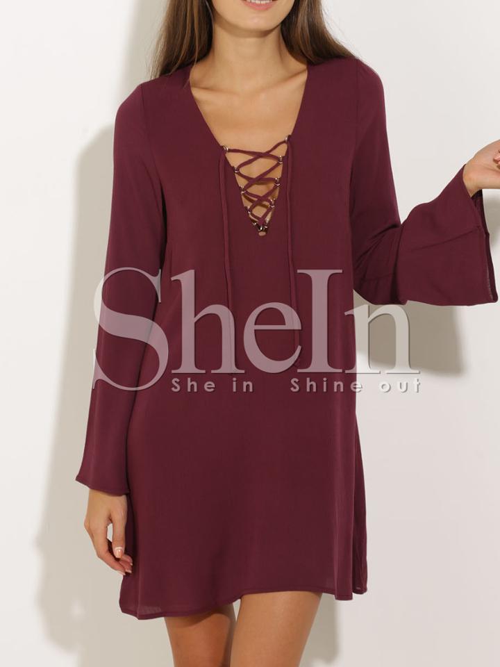 Shein Wine Red Lacing Long Sleeve Designs Lace Up Dress