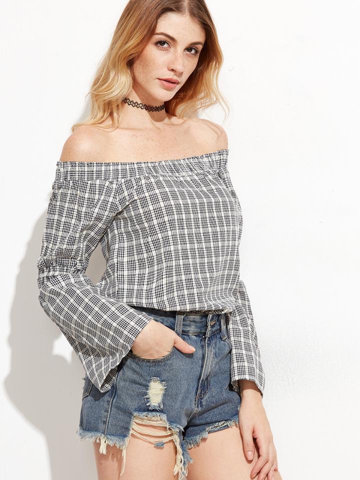 Shein Plaid Off The Shoulder Bell Sleeve Blouse