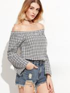 Shein Plaid Off The Shoulder Bell Sleeve Blouse