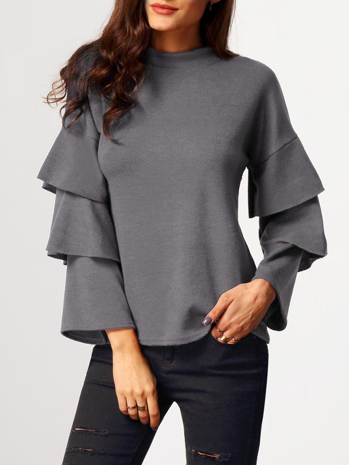 Shein Grey Stand Collar Cascading Ruffle Sleeve Blouse