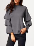 Shein Grey Stand Collar Cascading Ruffle Sleeve Blouse