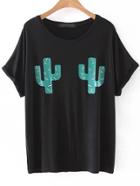 Shein Black Cactus Print Short Sleeve T-shirt