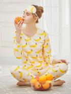 Shein Banana Print Button Front Long Pajama Set With Eye Mask