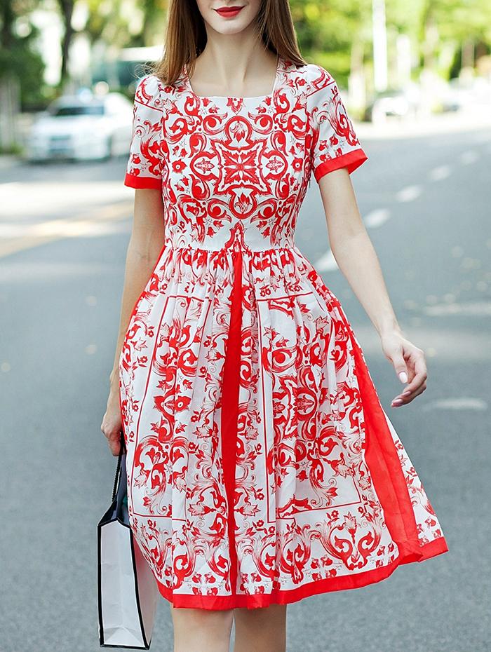 Shein Red Boat Neck Short Sleeve Print Dress
