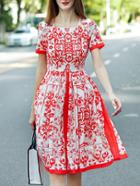 Shein Red Boat Neck Short Sleeve Print Dress