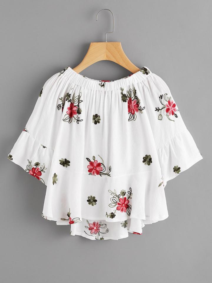 Shein Flower Embroidered Dip Hem Swing Top
