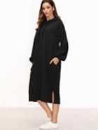 Shein Black Drawstring Hooded Slit Side Sweatshirt Dress
