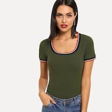 Shein Striped Trim Rib Knit Tee