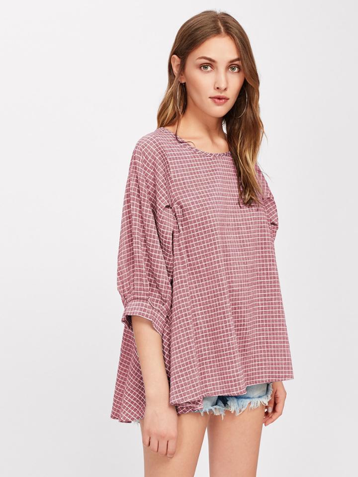 Shein Grid Print Dip Hem Flowy Blouse