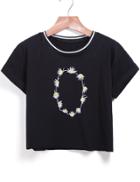 Shein Black Short Sleeve Embroidered Crop T-shirt