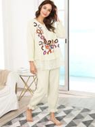 Shein Lace Hem Floral Embroidered Top & Pants Pj Set