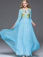Shein Blue Round Neck Long Sleeve Embroidered Beading Dress