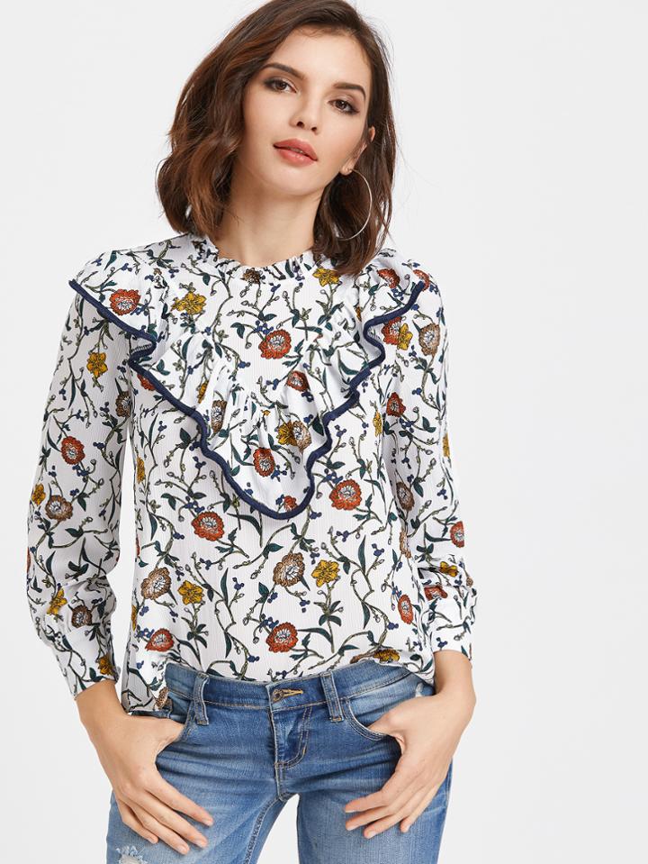 Shein Floral Print Ruffle Trim Blouse