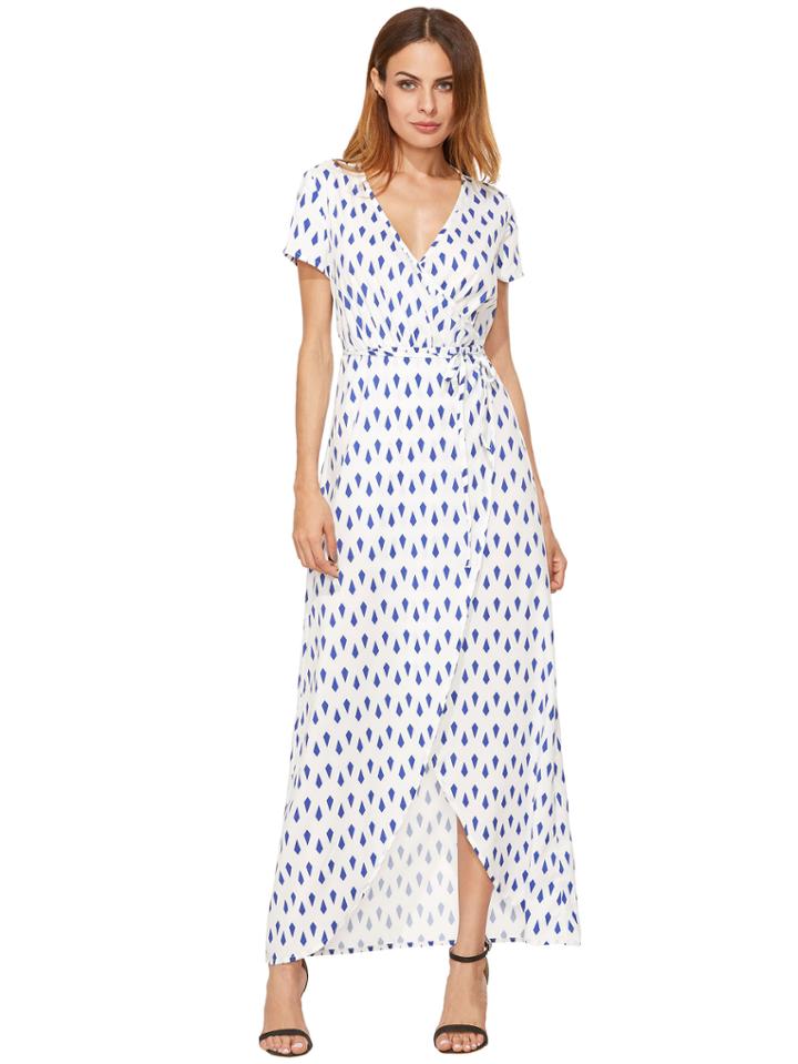 Shein Blue White Print Split Long Dress