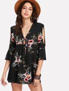 Shein Flower Print Tie Neck Dress