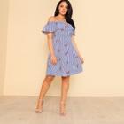 Shein Plus Flower Embroidered Striped Flounce Bardot Dress