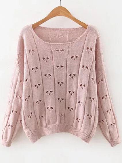 Shein Pink Heart Hollow Out Drop Shoulder Knitwear