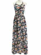 Shein Blue Floral Lace Up Backless Spaghetti Strap Maxi Dress