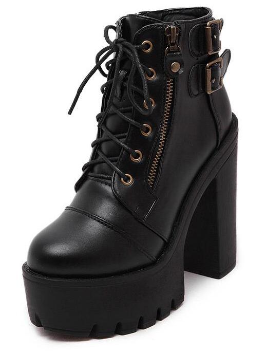 Shein Black High Heel Hidden Platform Buckle Strap Boots