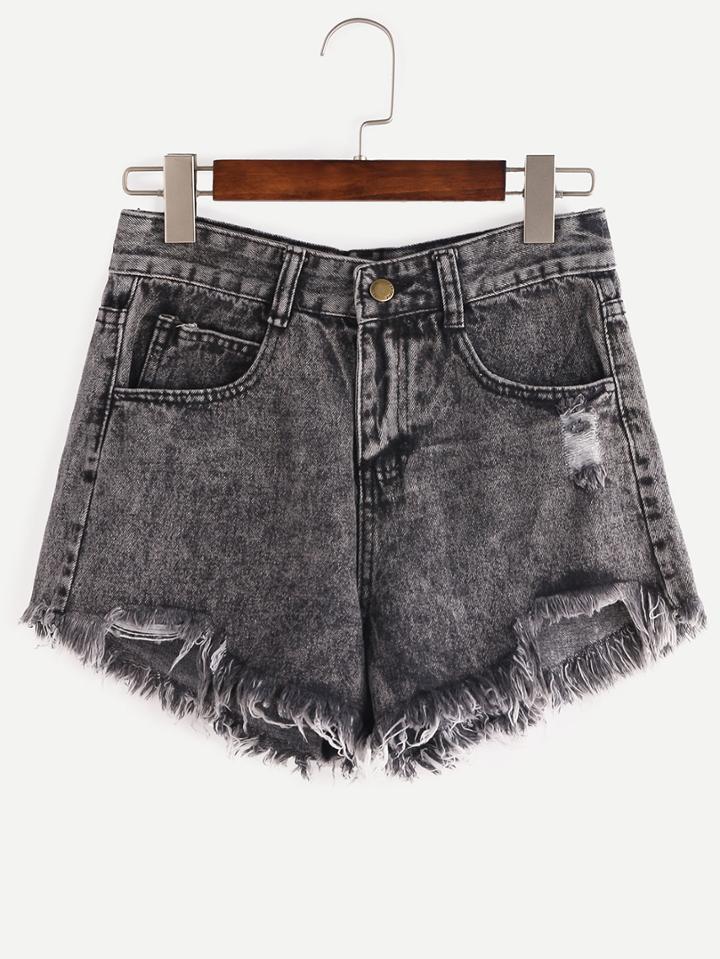 Shein Grey Ripped Tassel Denim Shorts