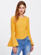 Shein Fluted Sleeve Pearl Beaded Ribbed Sweater