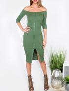 Shein Green Button Front Off The Shoulder Sheath Dress