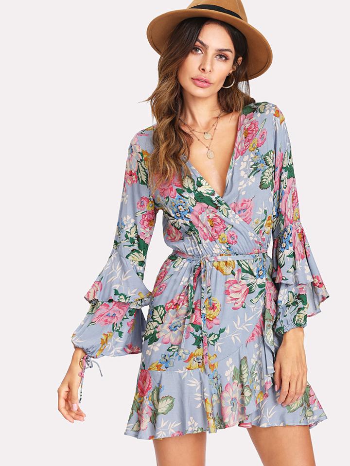 Shein Flounce Sleeve Self Tie Floral Dress