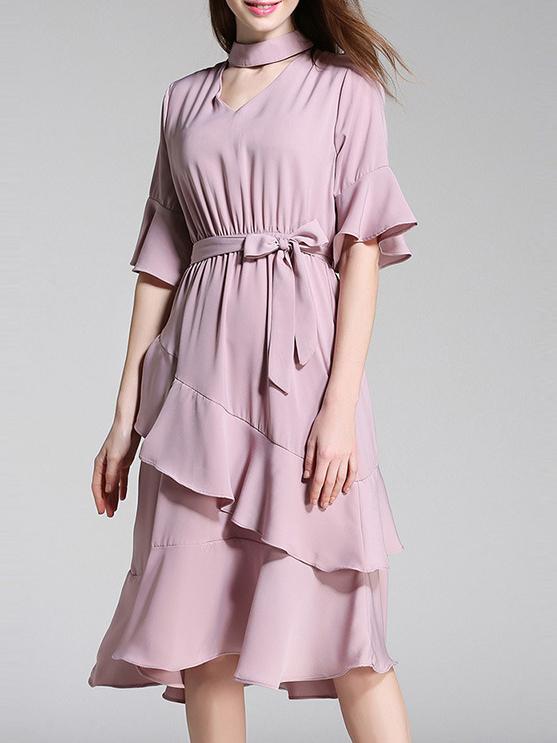 Shein Choker Neck Bell Sleeve Ruffle Dress