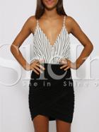 Shein White Black Spaghetti Strap Striped Color Block Dress